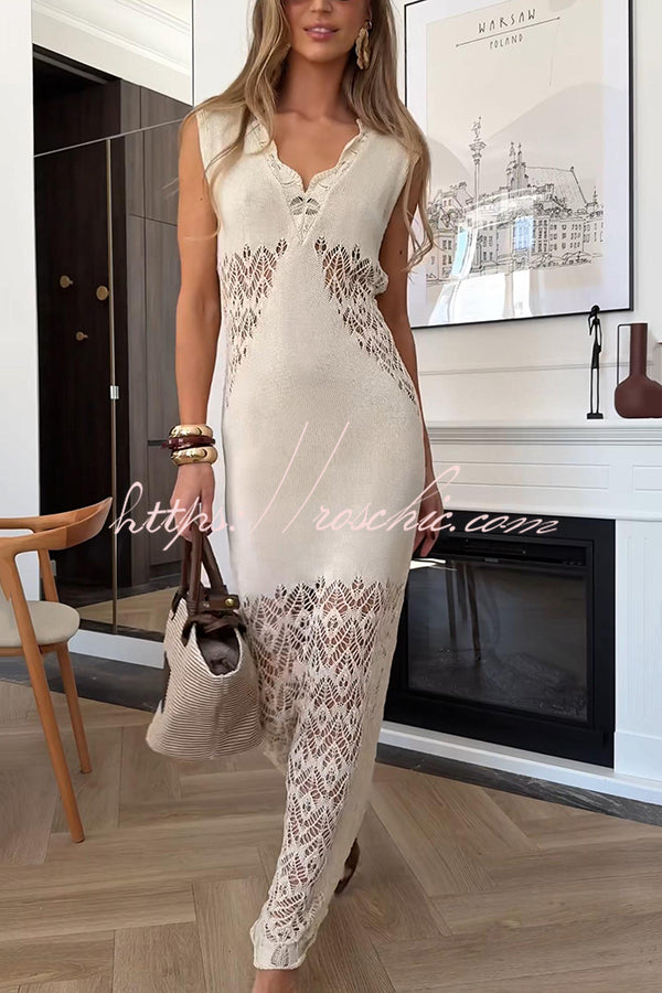 Color Hollow Knitted V-neck Slim Fishtail Maxi Dress