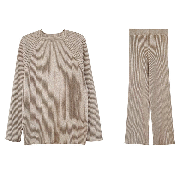 Autumn Winter Fashionable With Side Slit Sweater Suit Thickened Knitting Wide Leg Pants Two Piece Set Female