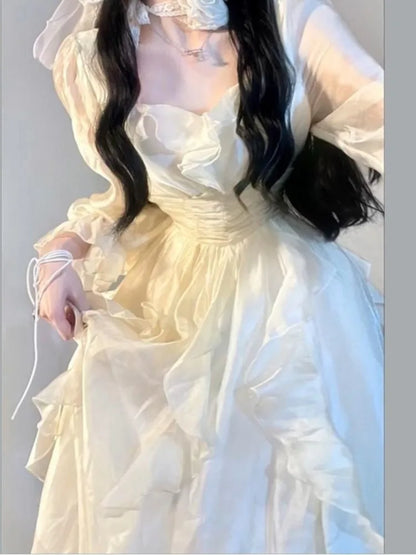 Ruffles Fairy Dresses Korean Slim Wasit a Line Midi Dress Spring Summer Princess Party Vestidos