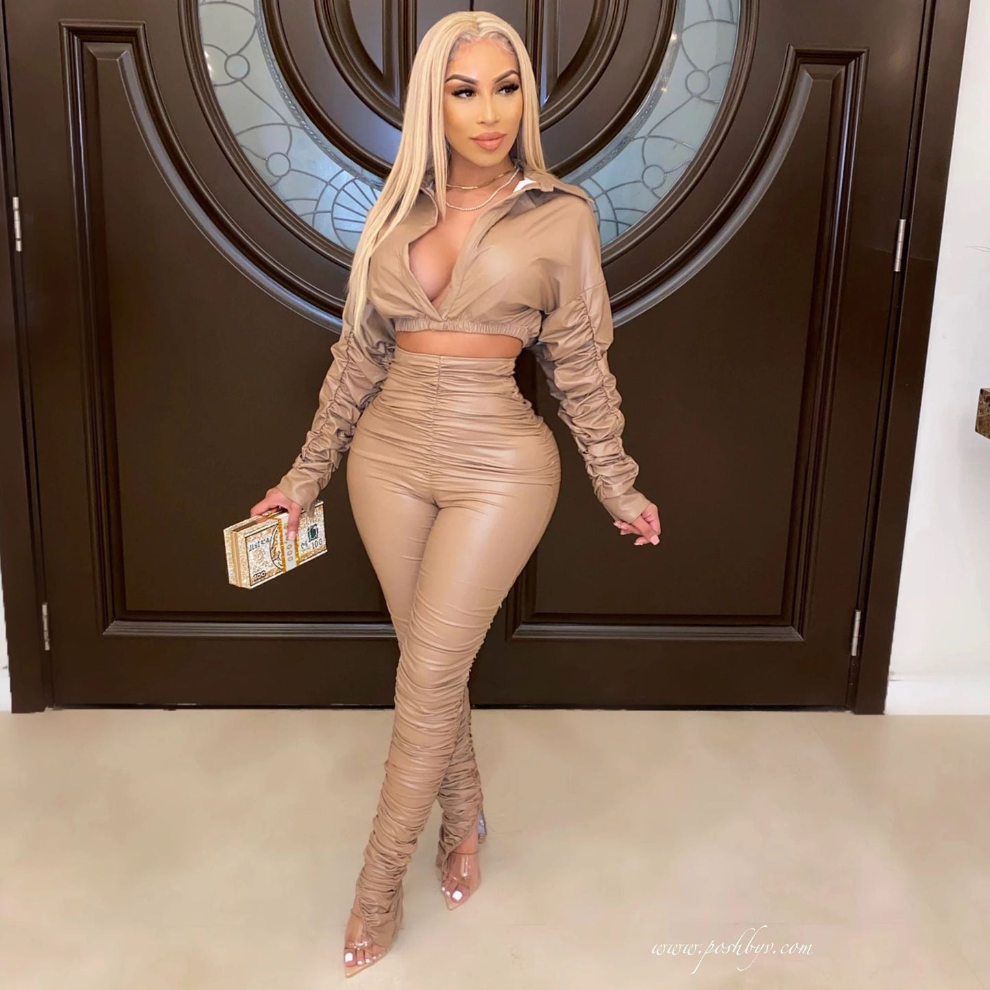 Clothing Faux Leather Ruched Elastic Autumn Winter Two-piece Set