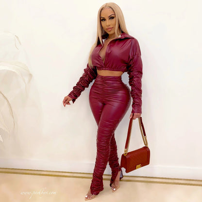 Clothing Faux Leather Ruched Elastic Autumn Winter Two-piece Set