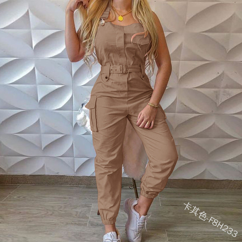 Workwear Belt Sleeveless Suspender Simple Ankle Banded Jumpsuit