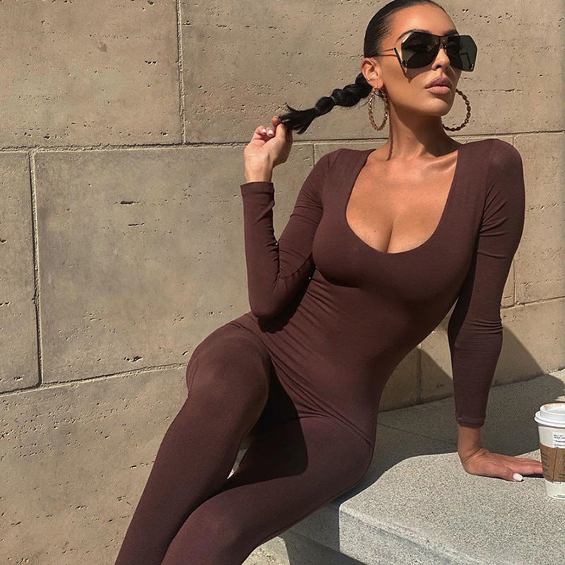 Low-necked Close-fitting Long Sleeve High Waist Color Sports Fitness Jumpsuit