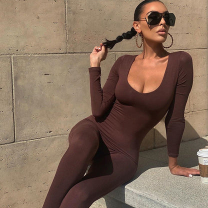 Low-necked Close-fitting Long Sleeve High Waist Color Sports Fitness Jumpsuit