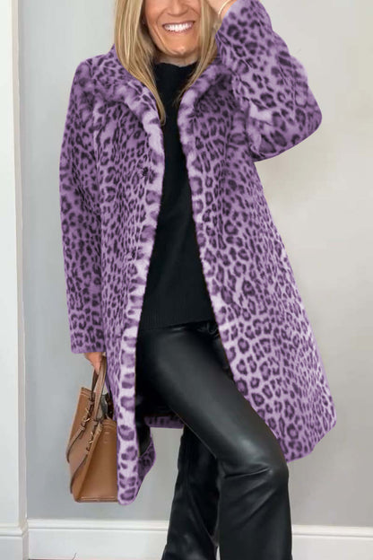 Fashionable Leopard Lapel Faux Fur Winter Coat