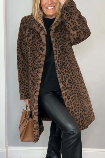 Fashionable Leopard Lapel Faux Fur Winter Coat