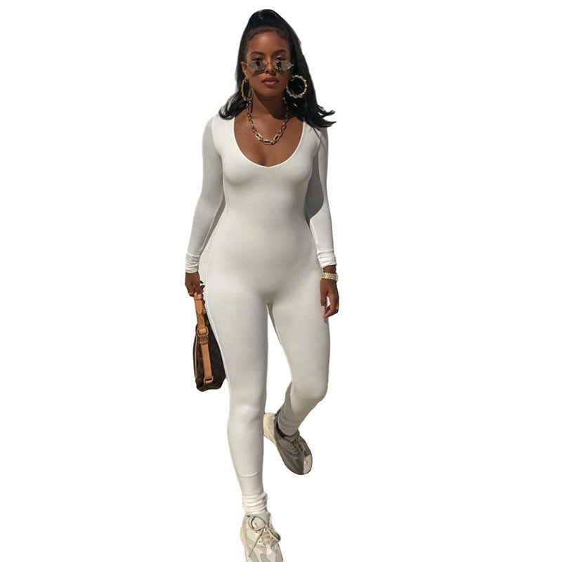 Low-necked Close-fitting Long Sleeve High Waist Color Sports Fitness Jumpsuit