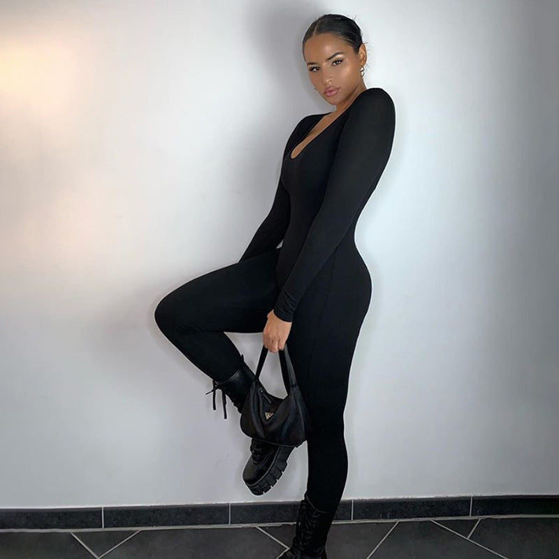 Low-necked Close-fitting Long Sleeve High Waist Color Sports Fitness Jumpsuit