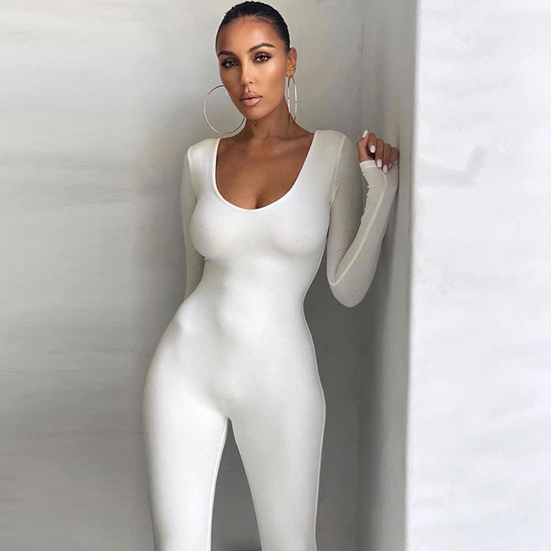 Low-necked Close-fitting Long Sleeve High Waist Color Sports Fitness Jumpsuit