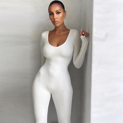 Low-necked Close-fitting Long Sleeve High Waist Color Sports Fitness Jumpsuit