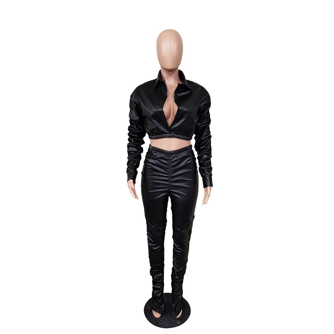 Clothing Faux Leather Ruched Elastic Autumn Winter Two-piece Set