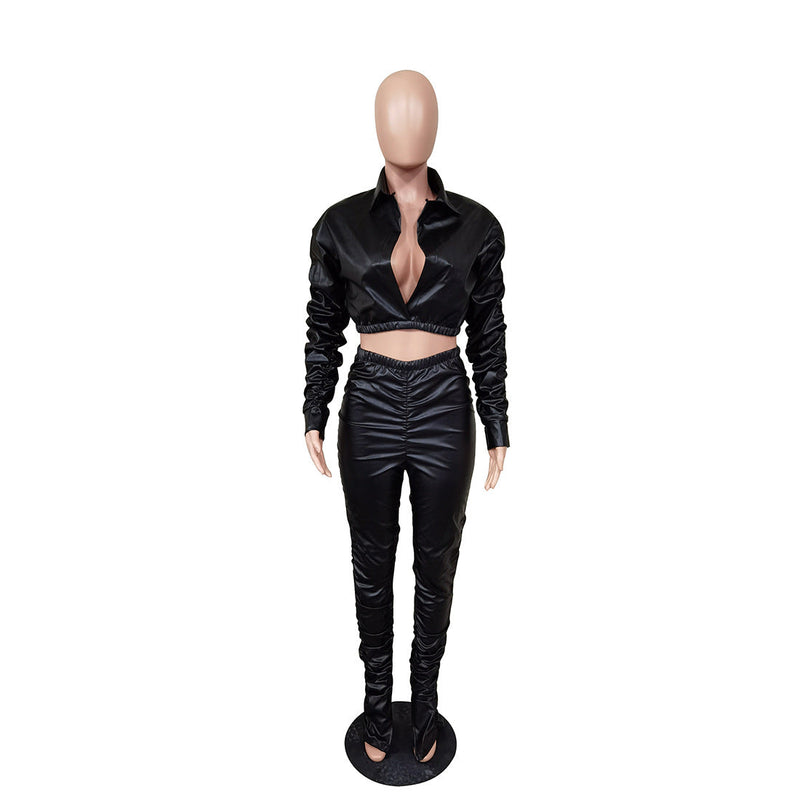 Clothing Faux Leather Ruched Elastic Autumn Winter Two-piece Set