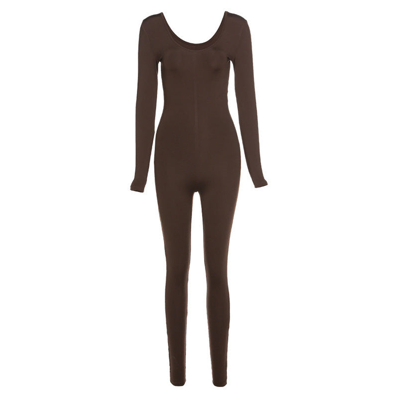 Low-necked Close-fitting Long Sleeve High Waist Color Sports Fitness Jumpsuit