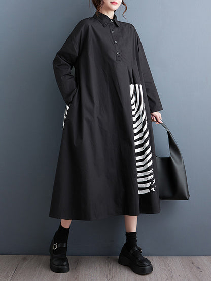A-line Long Sleeves Asymmetric Buttoned Striped Lapel Midi Dresses