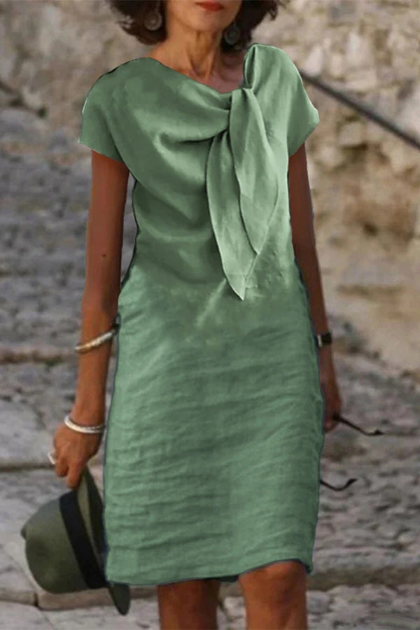 Linen Blend Short-sleeved Adjustable Tie-neck Mini Dress