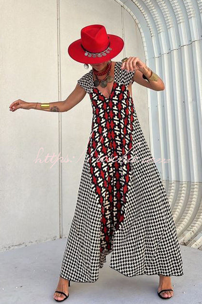 Fresh Breeze Unique Print Ruffle Sleeve A-line Maxi Dress