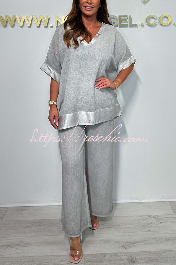 Fashionable V-neck Short-sleeved Loose Top and Elastic Waist Wide-leg Pants Set