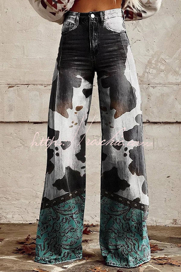 Unique Print Button Pocket Wide Leg Pants