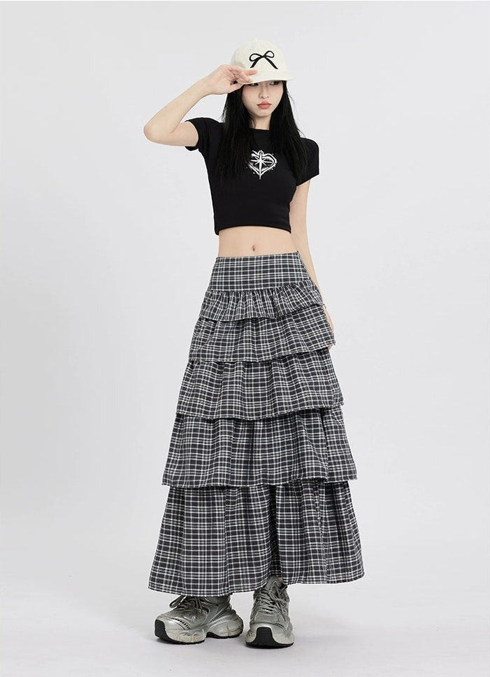 Plaid Tiered Maxi Skirt