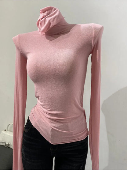 Thin Soft American Long Sleeve T-shirt High Stacked Neck Tight Perspective Bottom Shirt ’s Slim Fit Tops