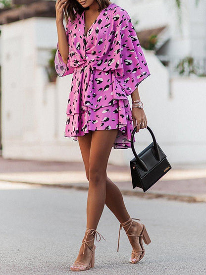 A-line High Waisted Double Layered Elasticity Leopard Printed V-neck Mini Dresses