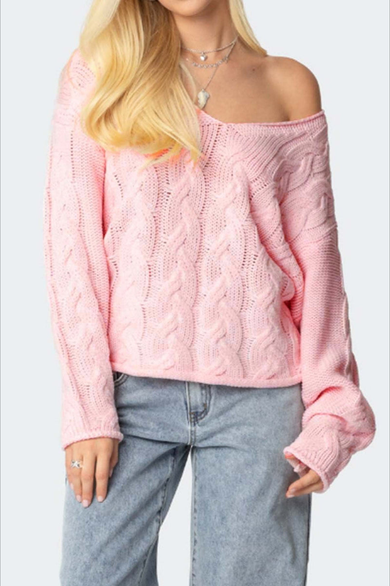 Color V-neck Cable-knit Loose Sweater