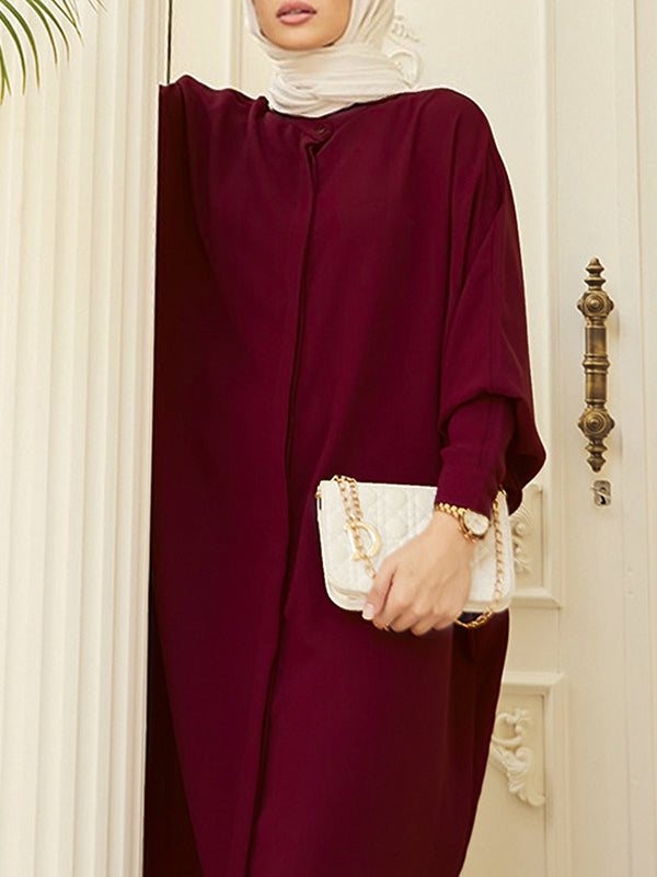 Batwing Sleeves Loose Buttoned Muslim Color Split-side Round-neck Maxi Dresses