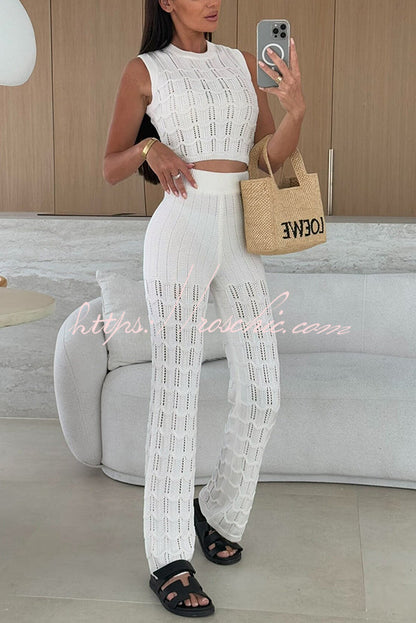 Color Hollow Sleeveless Round Neck Knitted Vest and Stretch Straight Pants Set