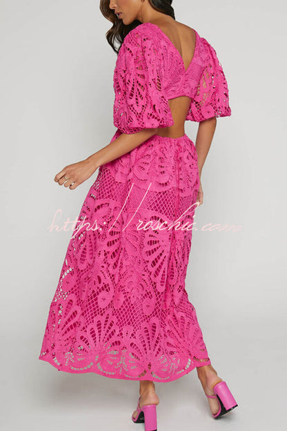 Color V Neck Hollow Lace Waistless Maxi Dress