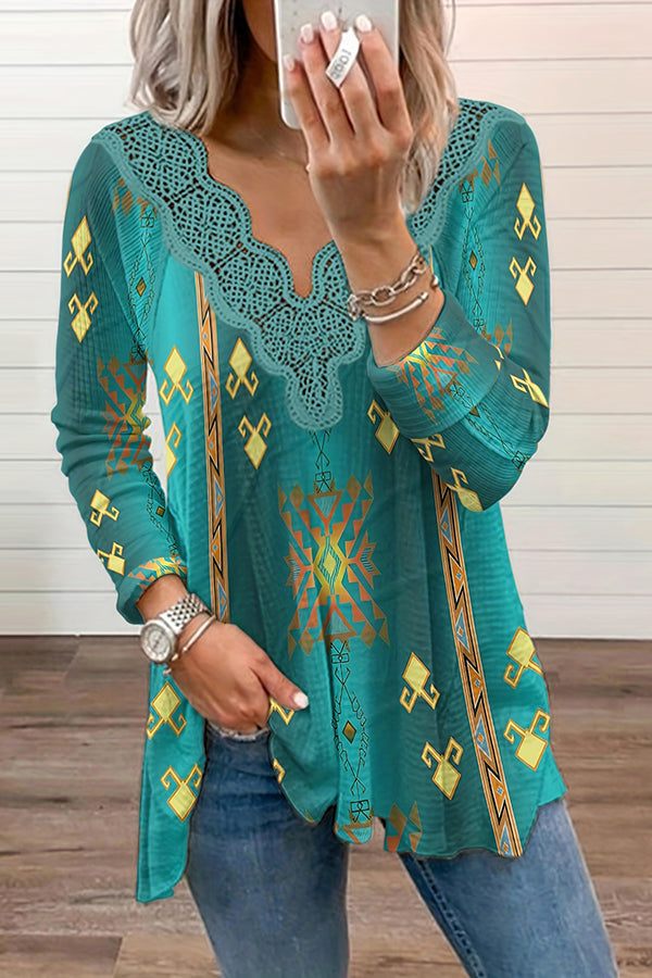 Mexican Past Hippie Print Lace Trim Stretch T-shirt