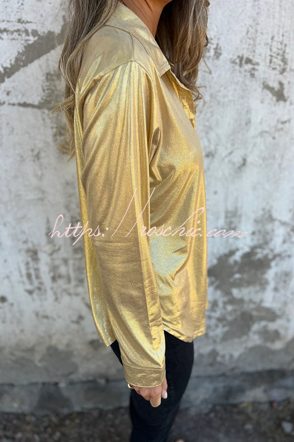 Holiday Look Metallic Loose Pocket Button-down Blouse