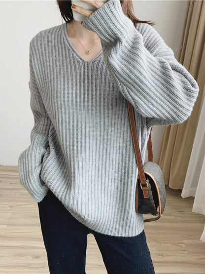 Caramel V-neck Long Sleeves Striped Knit Sweater Qx001