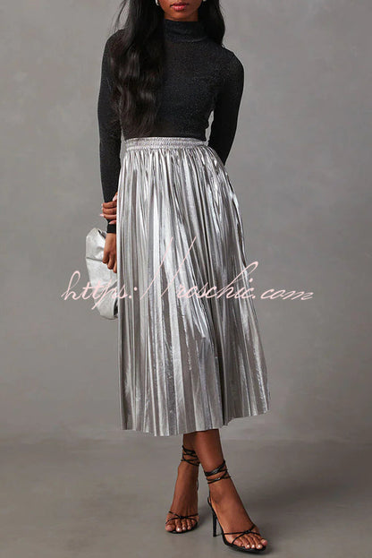 Yuletide Glow Metallic Fabric Pleated Elastic Waist Midi Skirt