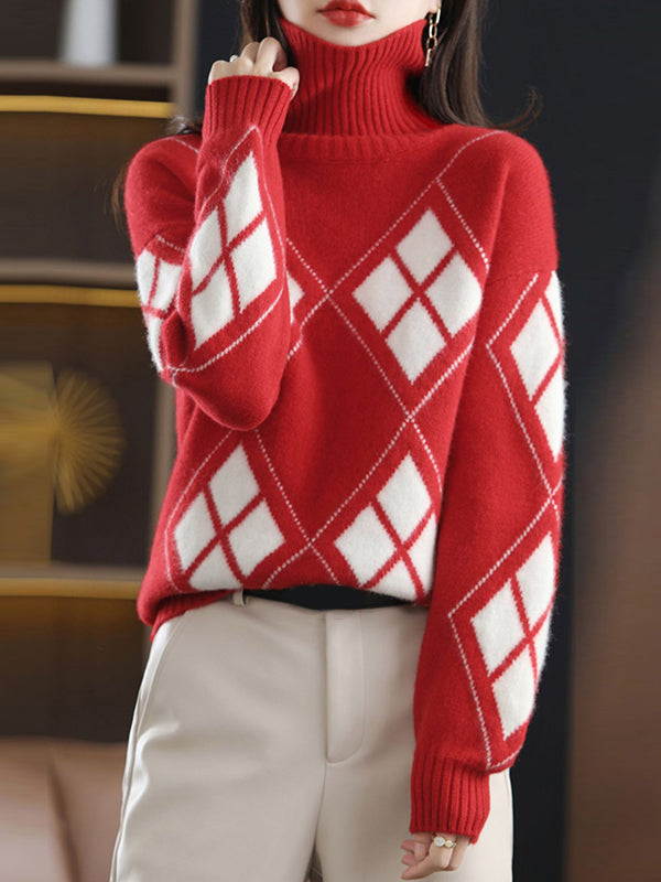 Red High-neck Contrast Color Plaid Long Sleeves Sweater Qx014