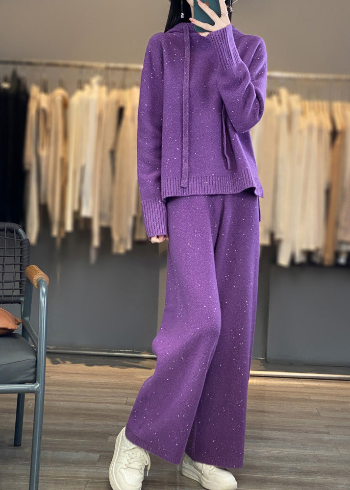 Organic Black Hooded Sweaters and Pants Woolen Two Pieces Set Fall Wv018