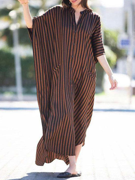 Batwing Sleeves Half Sleeves Buttoned Pockets Striped Round-neck Beach Cover-up Maxi Dresses