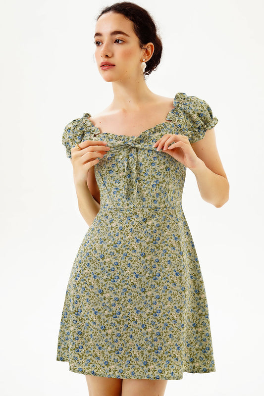 Short Sleeve U-neck Print Mini Dress Green