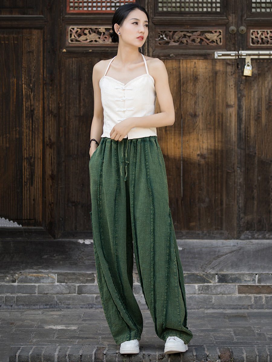 Raw-edge Wide-leg Ramie Pants Fd053