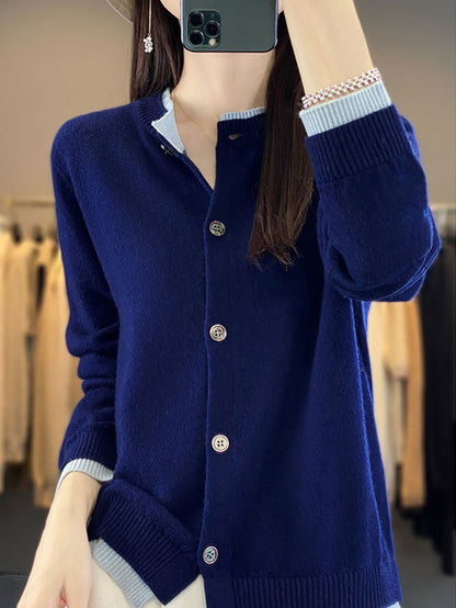 Autumn Colorblock Knit 100%wool O-neck Sweater Qm006
