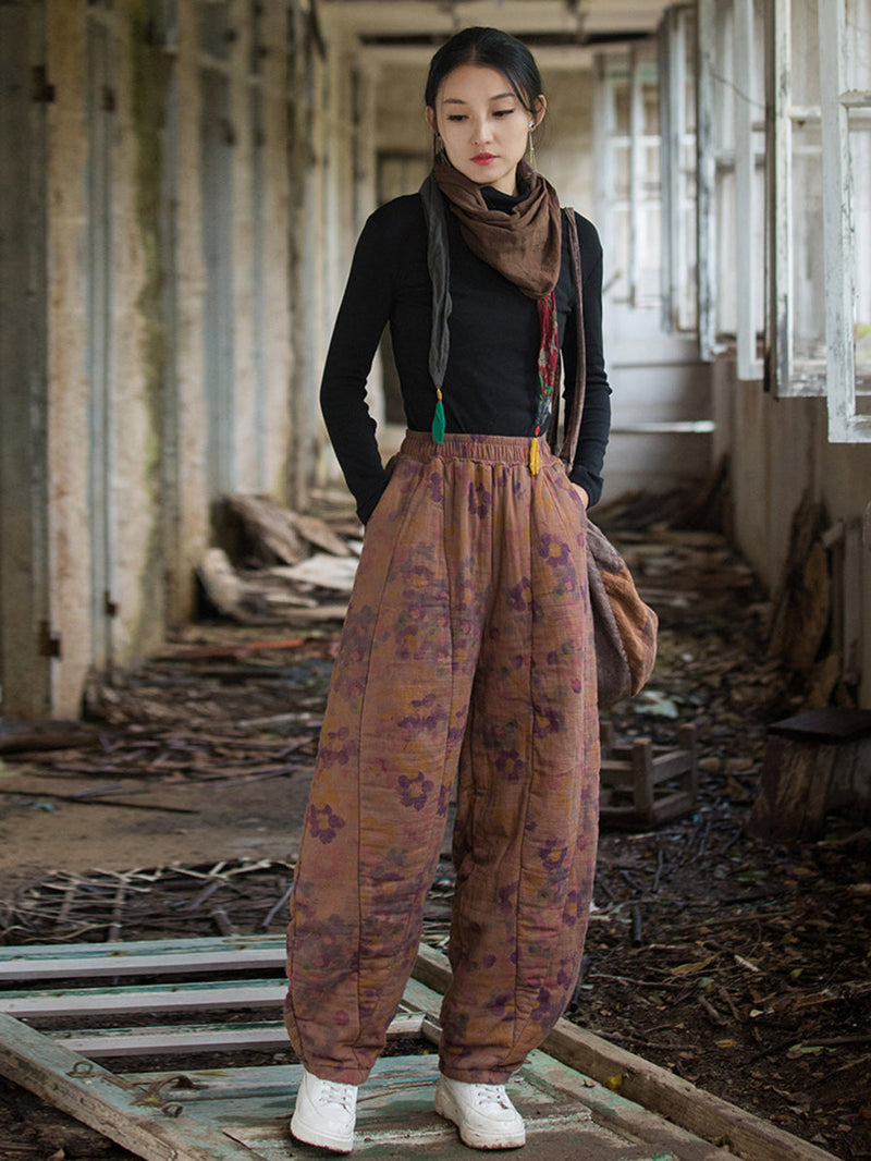 Winter Retro Flower Cotton Paaded Harem Pants Wu003