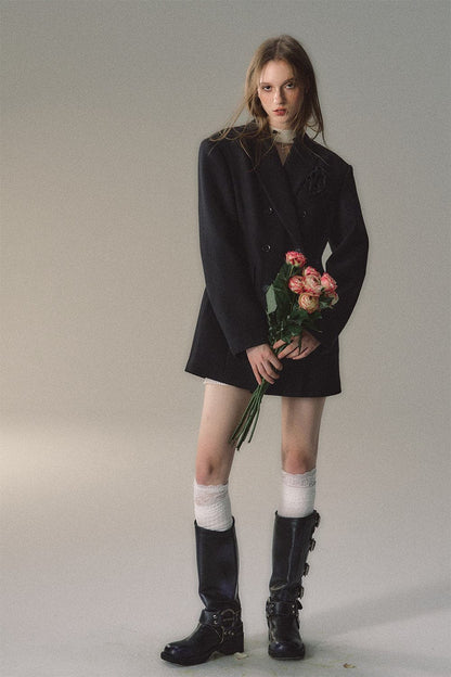 Cream Woolen Double-breasted Coat