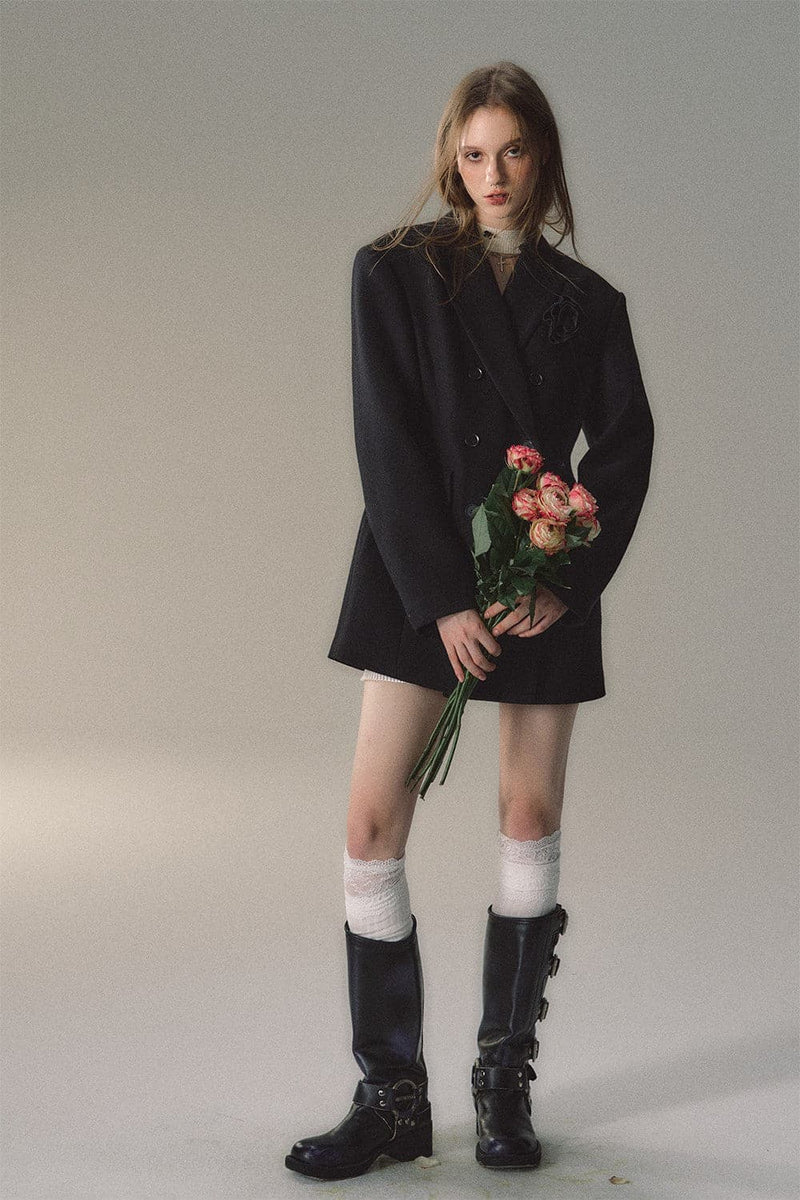 Cream Woolen Double-breasted Coat