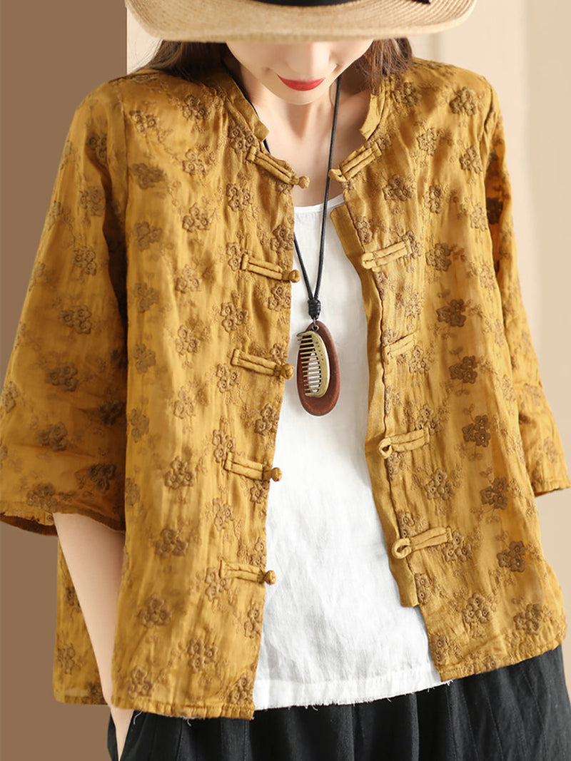Flower Jacquard Button-up Ramie Blouse Sc1023