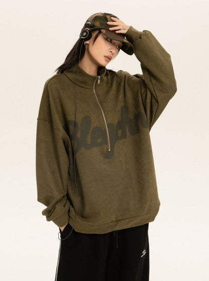 Oversized Suede Sweatshirt With Zipper Polo Collar