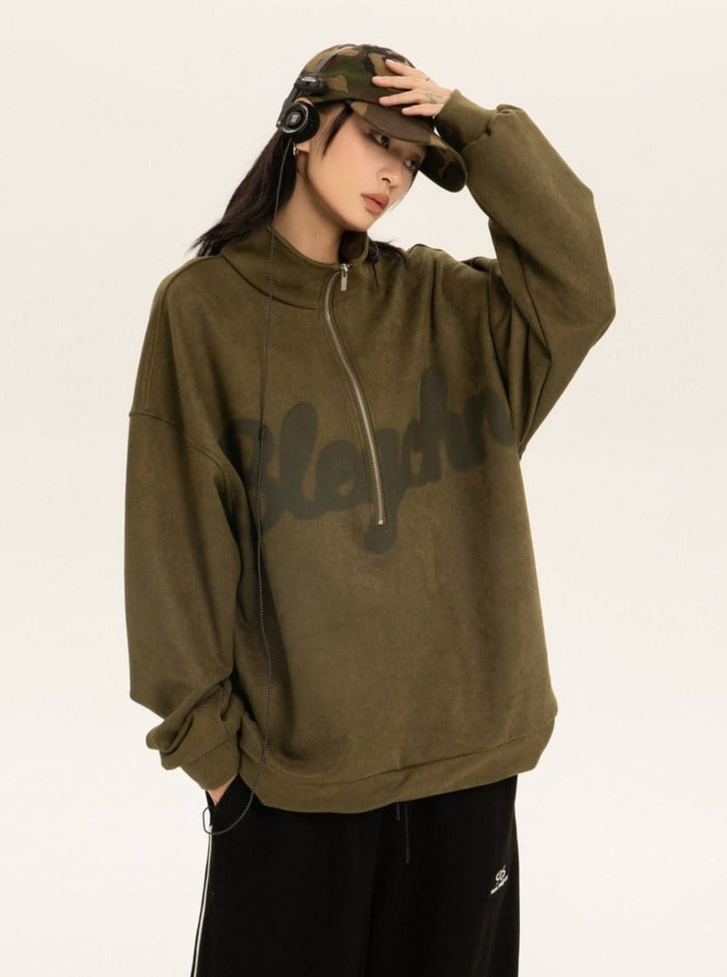 Oversized Suede Sweatshirt With Zipper Polo Collar