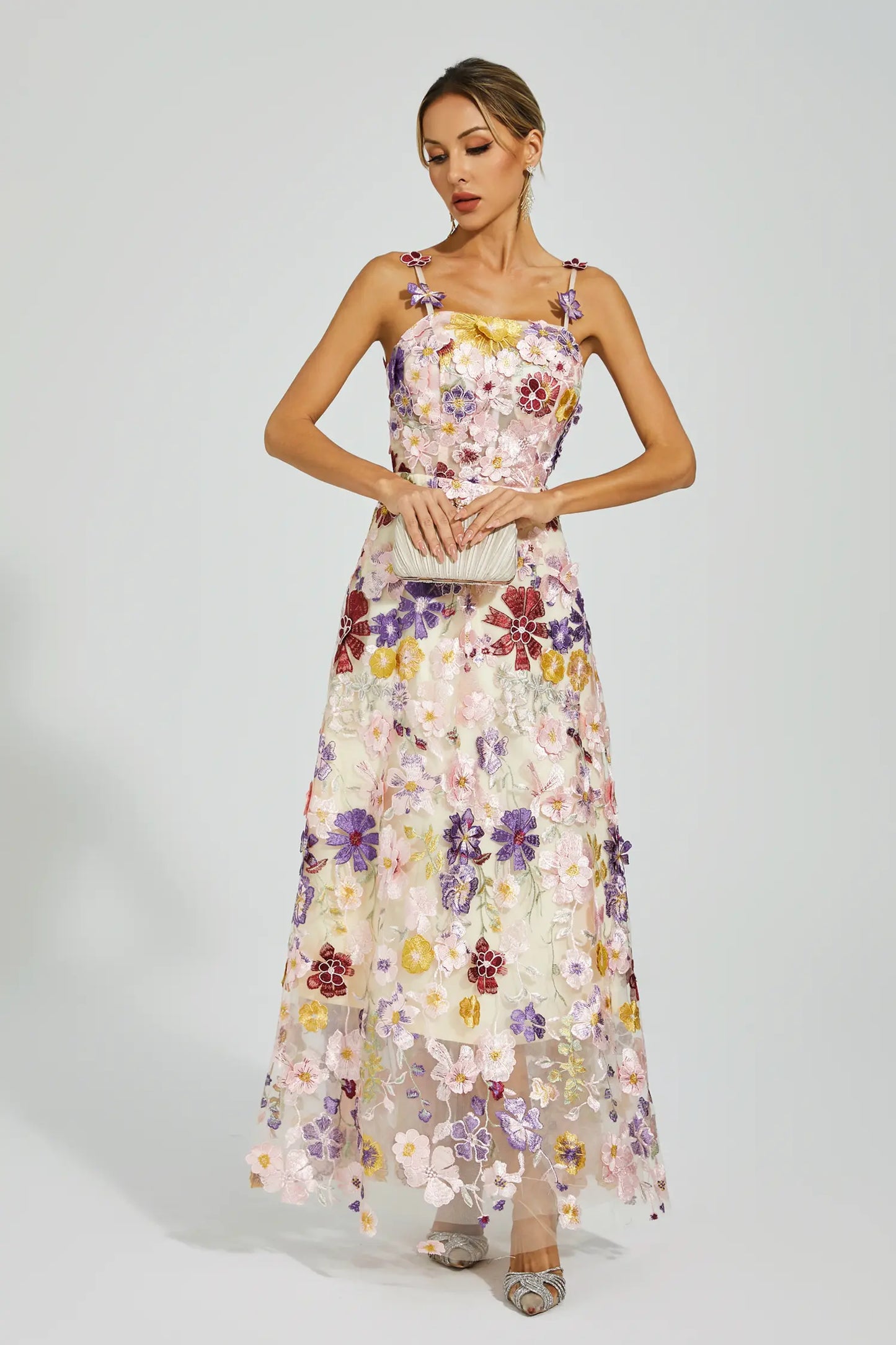 Taytum White Flower Embroidery Maxi Dress