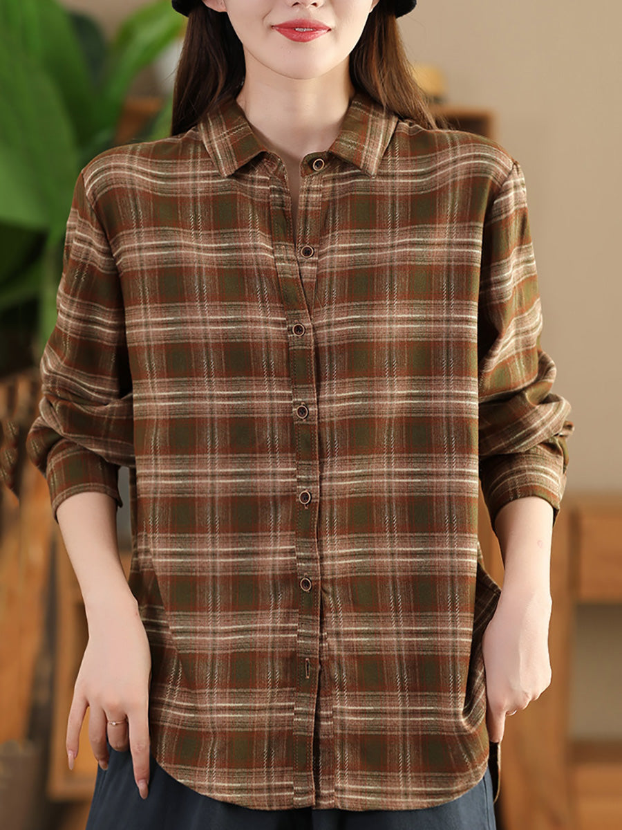 Autumn Plaid Button-up Cotton Blouse Ai1031