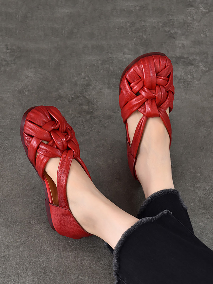 Summer Leather Flat Retro Weave Genuine Shoes