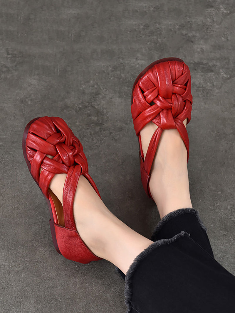 Summer Leather Flat Retro Weave Genuine Shoes
