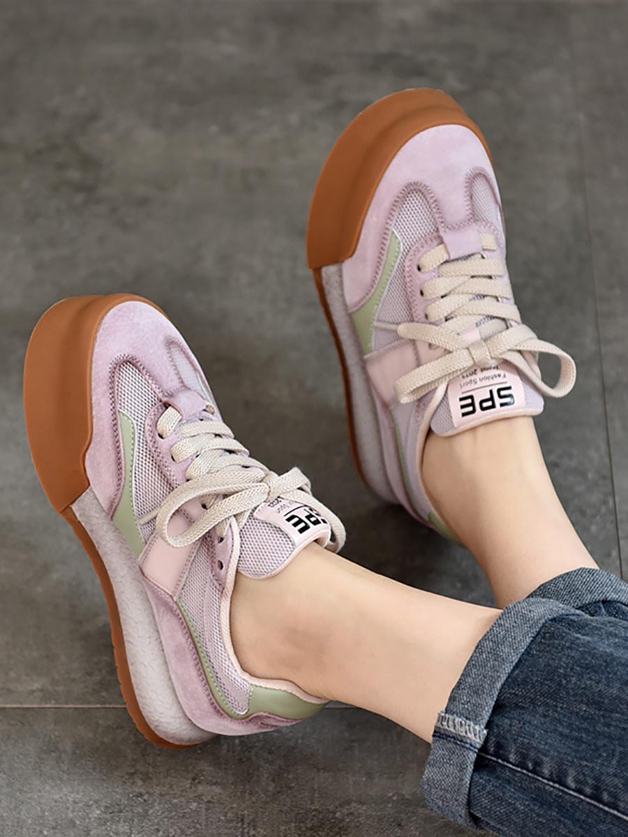 Summer Mesh Leather Spliced Breathable Platform Shoes Xx1021